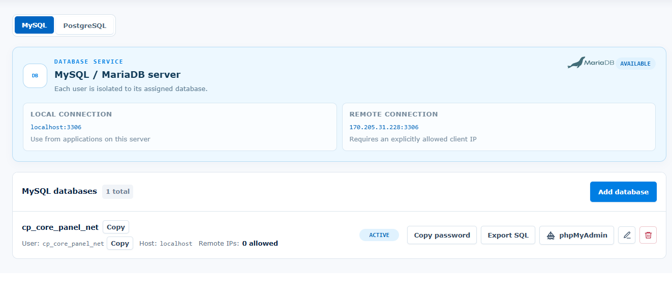Core Panel database management screen with database and user controls