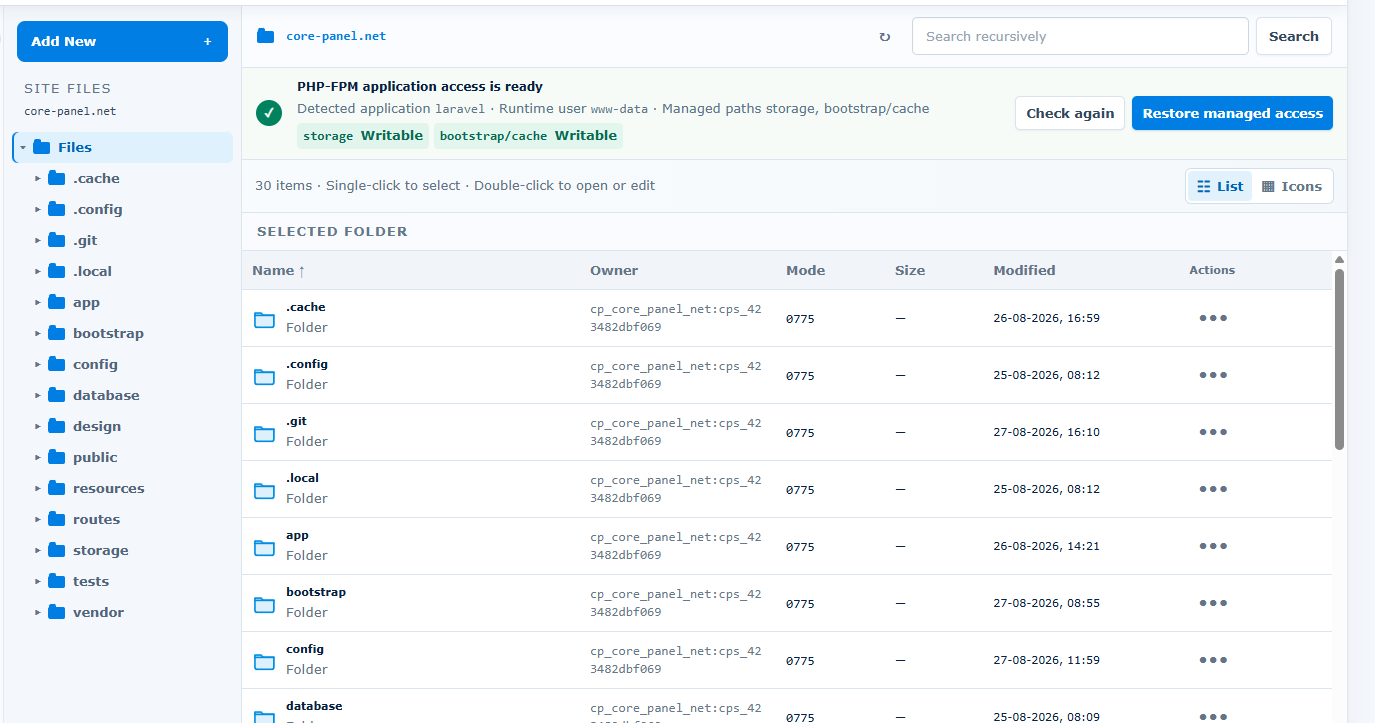 Core Panel file manager showing application files on a managed server