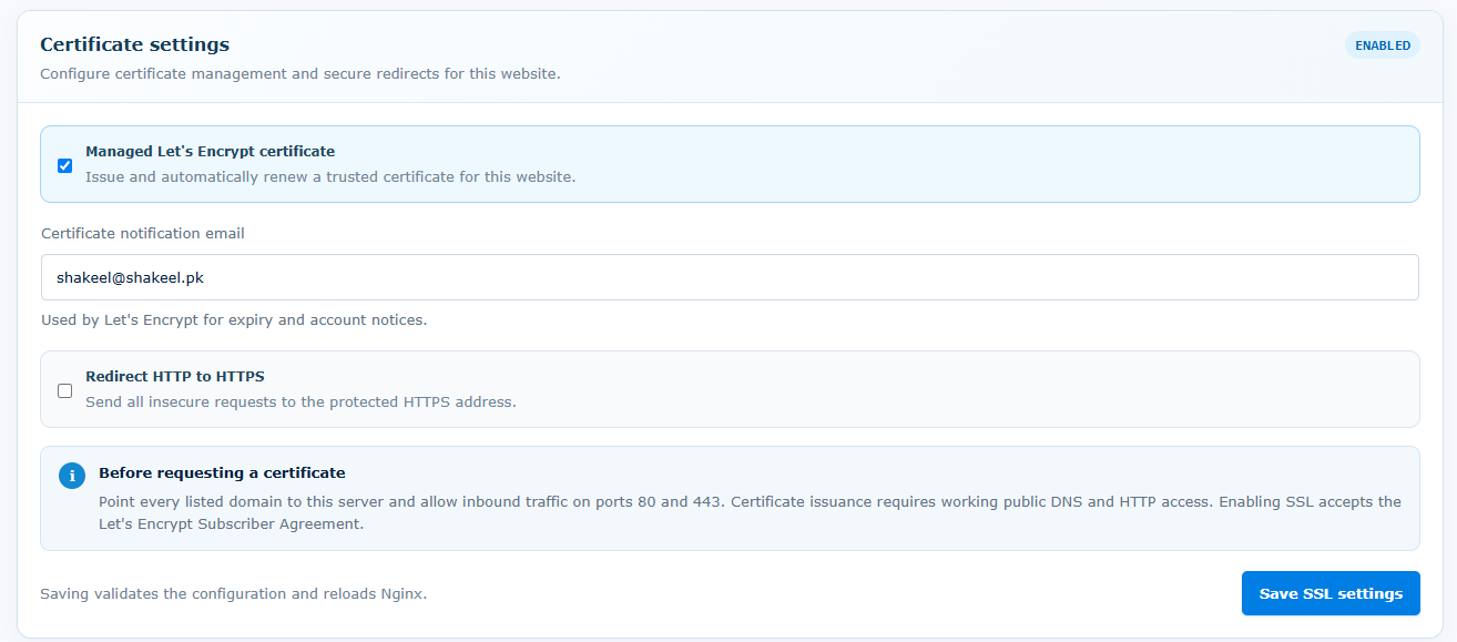 Core Panel website certificate settings